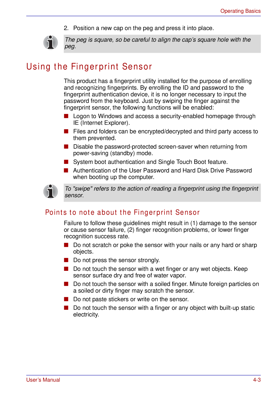 Toshiba tecra s3 manual Using the Fingerprint Sensor, Points to note about the Fingerprint Sensor 