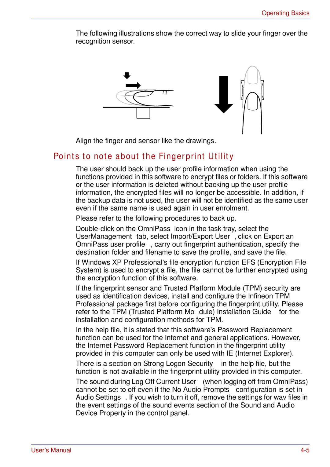 Toshiba tecra s3 manual Points to note about the Fingerprint Utility 