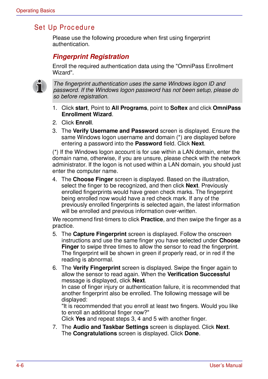 Toshiba tecra s3 manual Set Up Procedure, Fingerprint Registration 