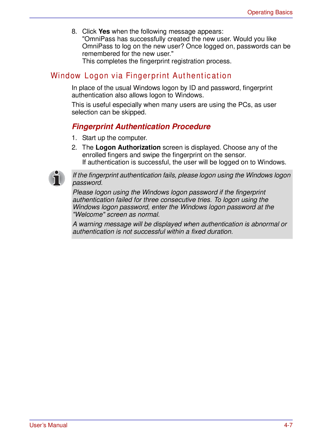 Toshiba tecra s3 manual Window Logon via Fingerprint Authentication, Fingerprint Authentication Procedure 