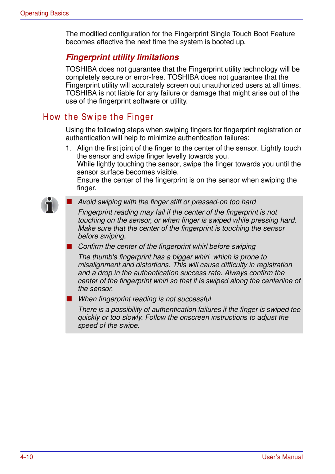 Toshiba tecra s3 manual How the Swipe the Finger, Fingerprint utility limitations 