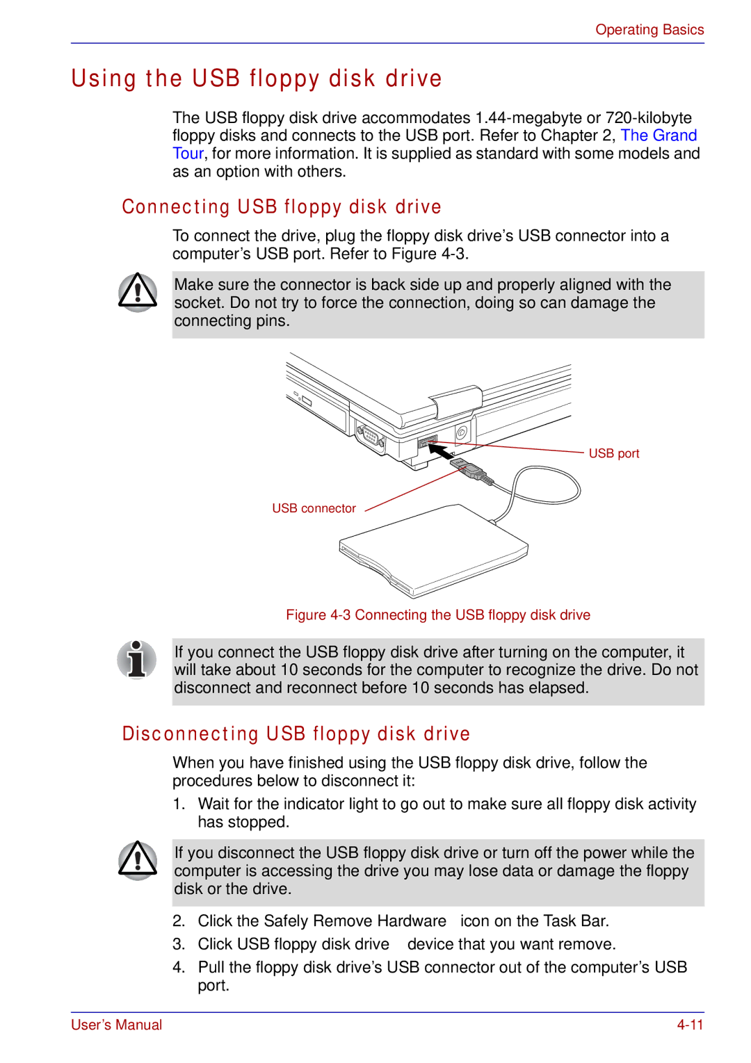 Toshiba tecra s3 Using the USB floppy disk drive, Connecting USB floppy disk drive, Disconnecting USB floppy disk drive 