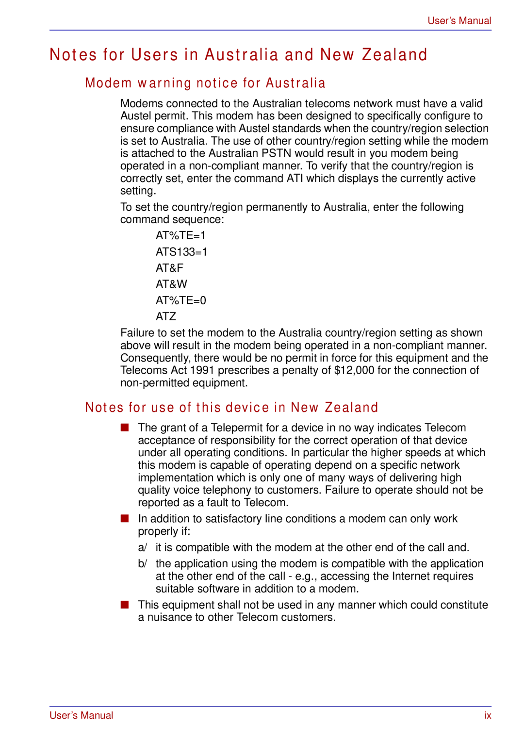 Toshiba tecra s3 manual Modem warning notice for Australia, AT&F AT&W AT%TE=0 ATZ 