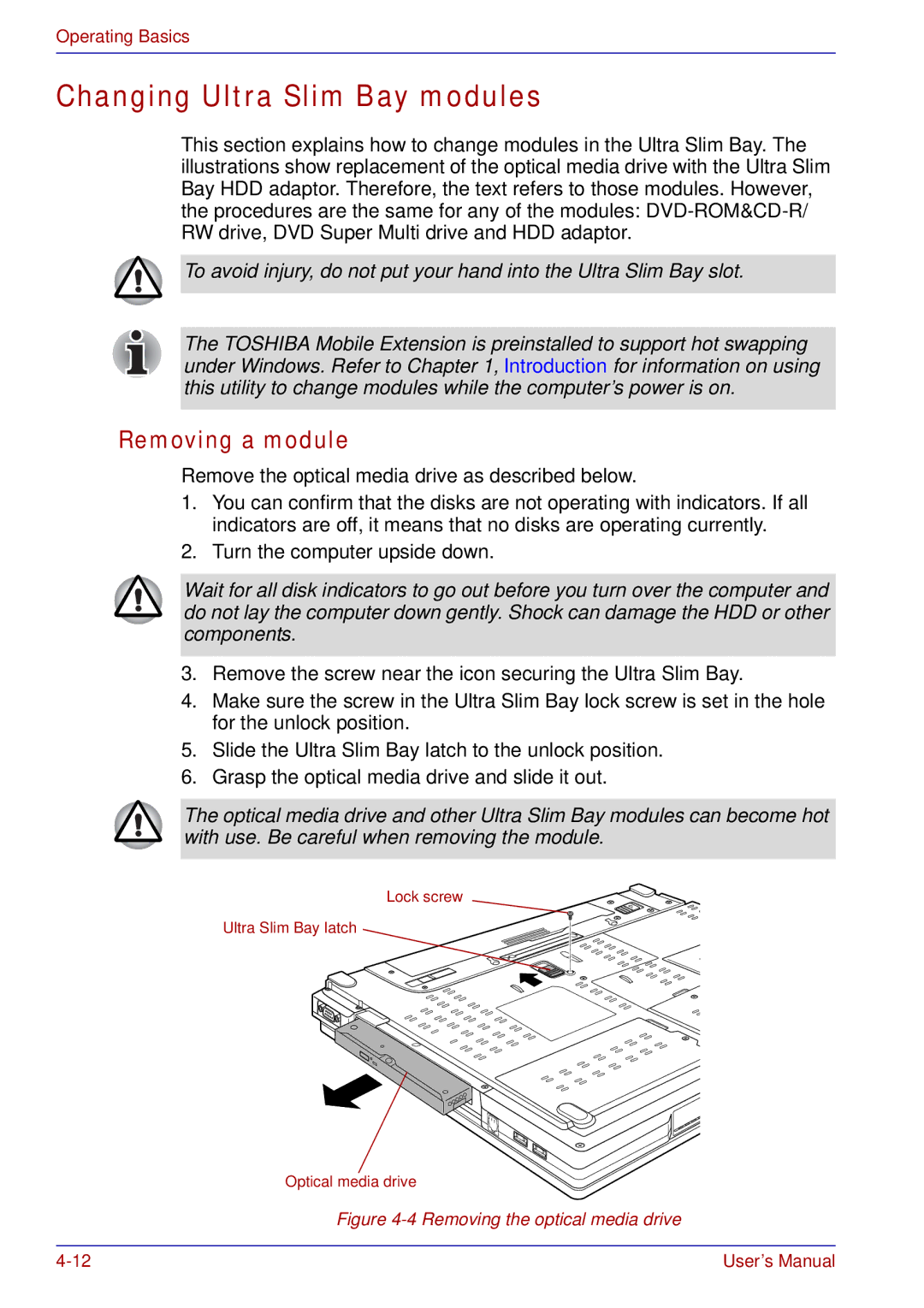 Toshiba tecra s3 manual Changing Ultra Slim Bay modules, Removing a module 