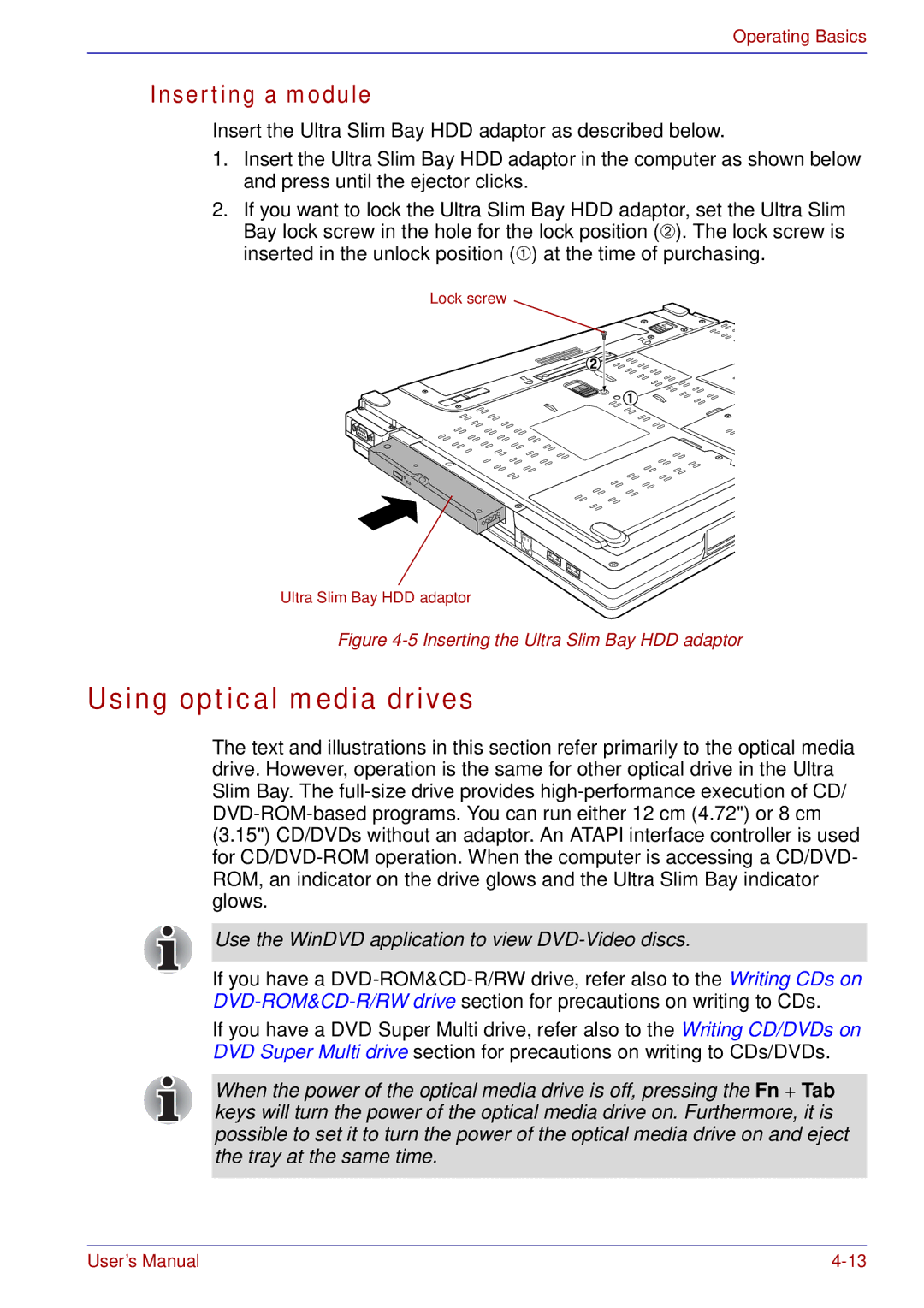 Toshiba tecra s3 manual Using optical media drives, Inserting a module 