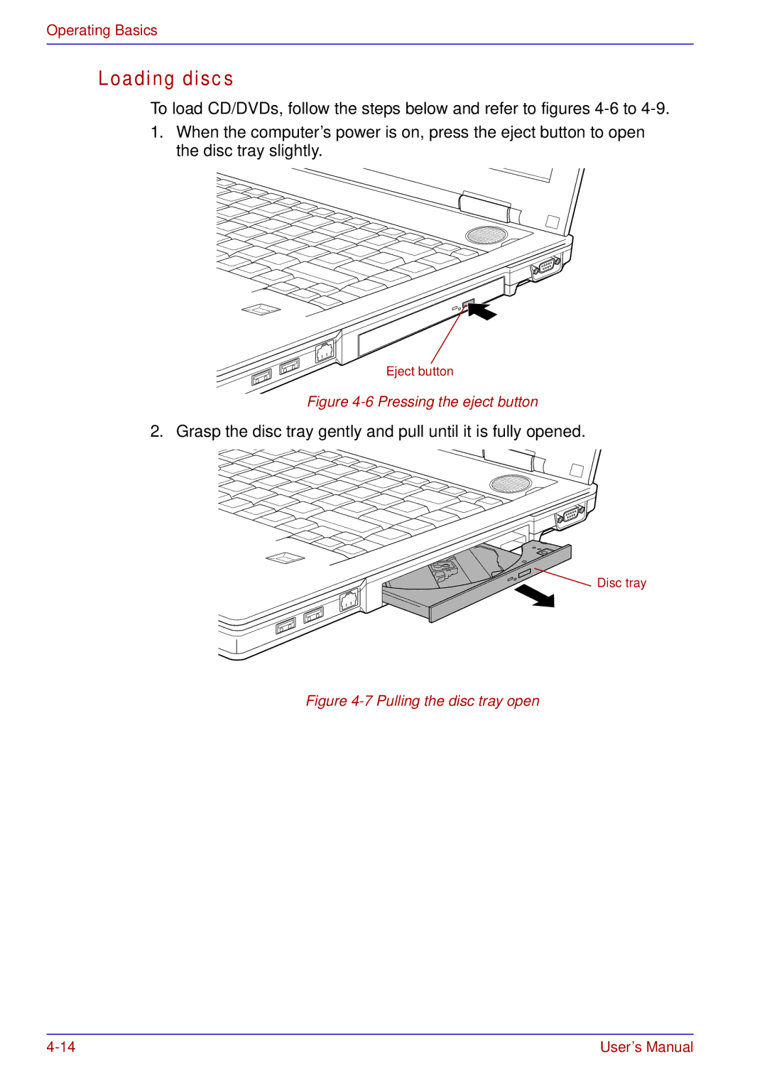 Toshiba tecra s3 manual Loading discs, Pressing the eject button 