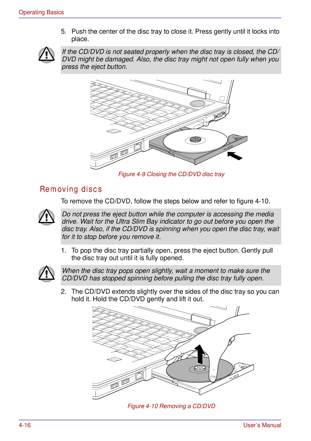 Toshiba tecra s3 manual Removing discs, Closing the CD/DVD disc tray 