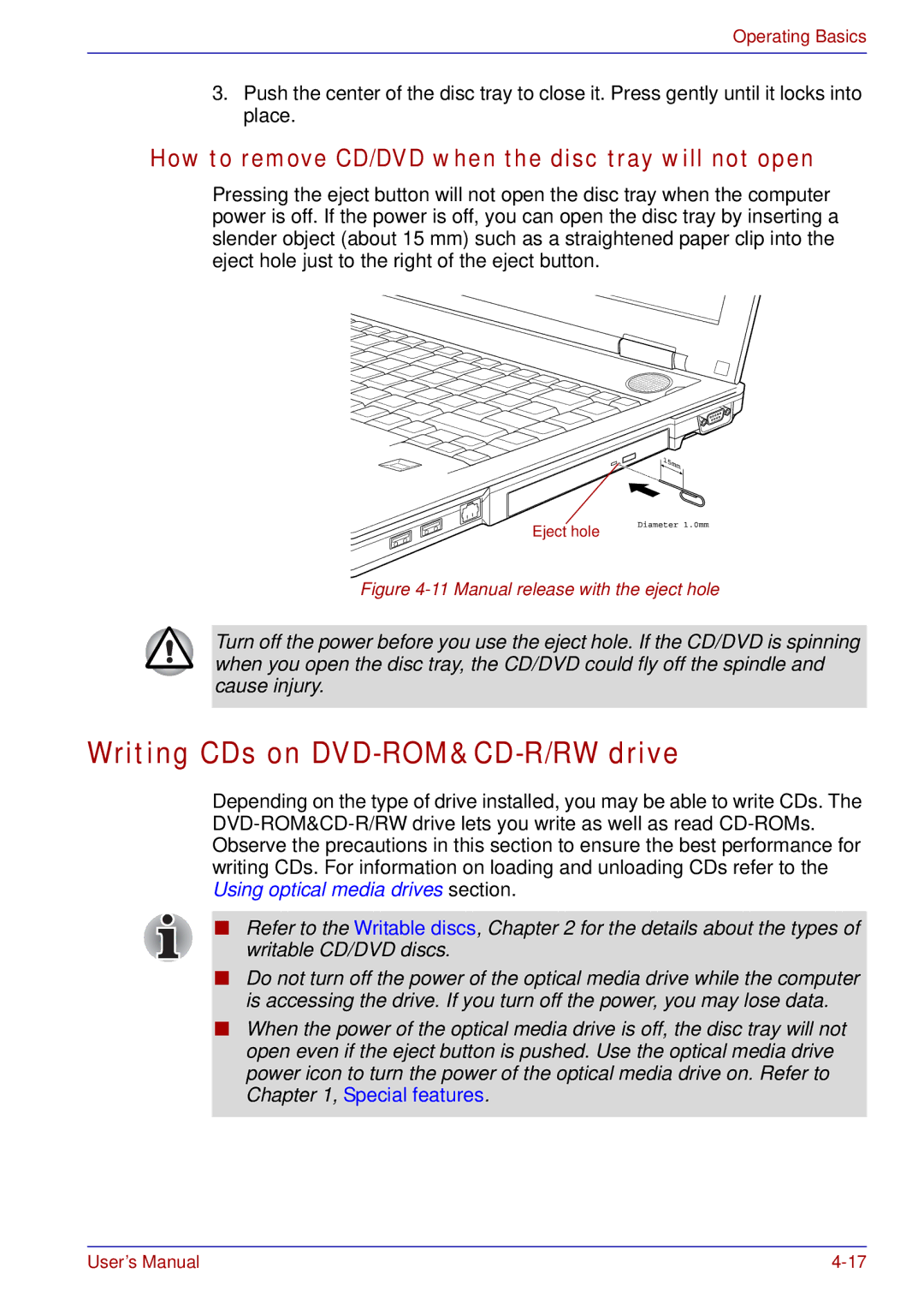 Toshiba tecra s3 manual Writing CDs on DVD-ROM&CD-R/RW drive, How to remove CD/DVD when the disc tray will not open 