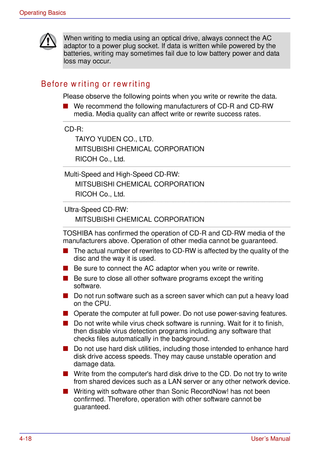 Toshiba tecra s3 manual Before writing or rewriting, Multi-Speed and High-Speed CD-RW, Ultra-Speed CD-RW 