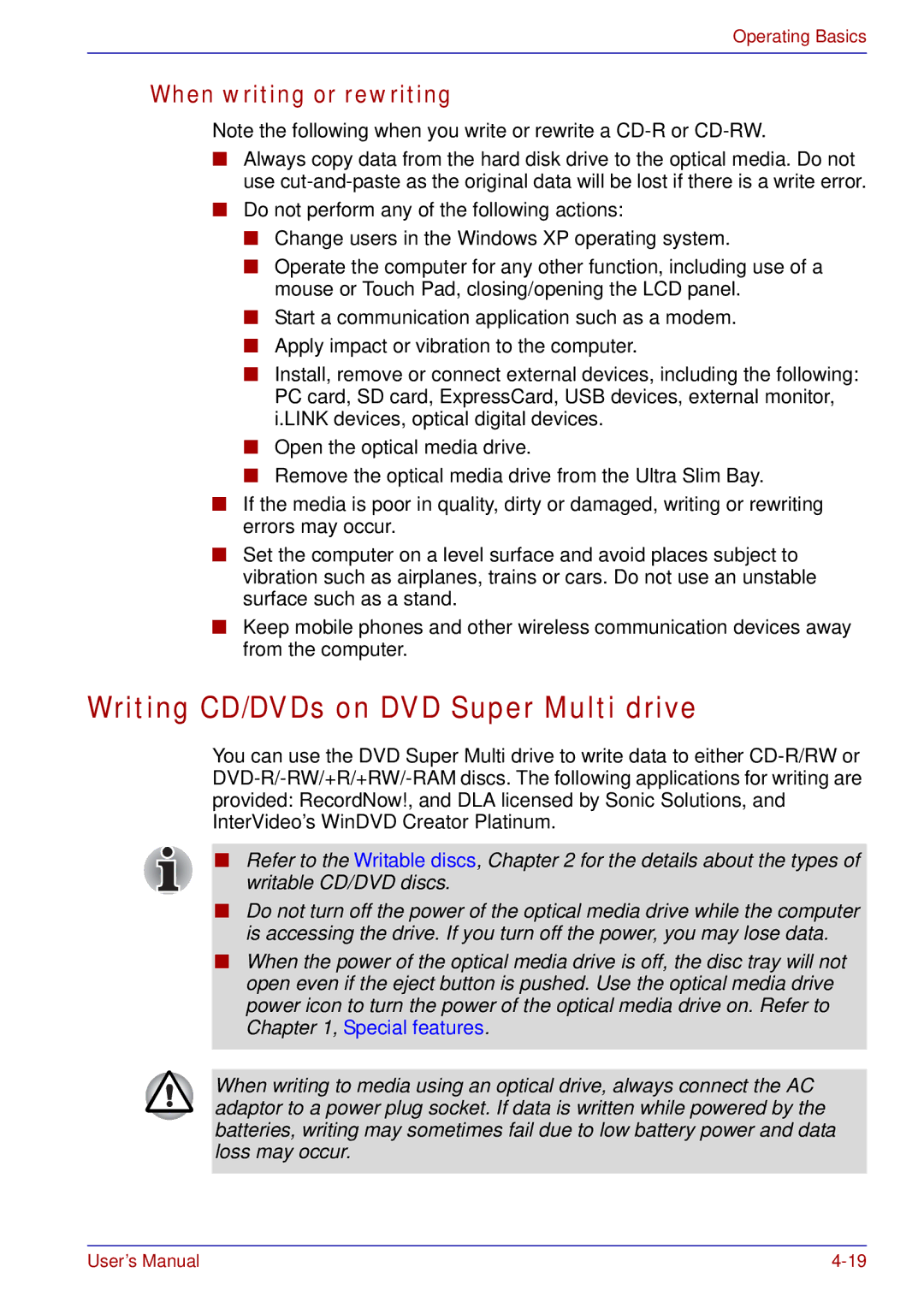 Toshiba tecra s3 manual Writing CD/DVDs on DVD Super Multi drive, When writing or rewriting 