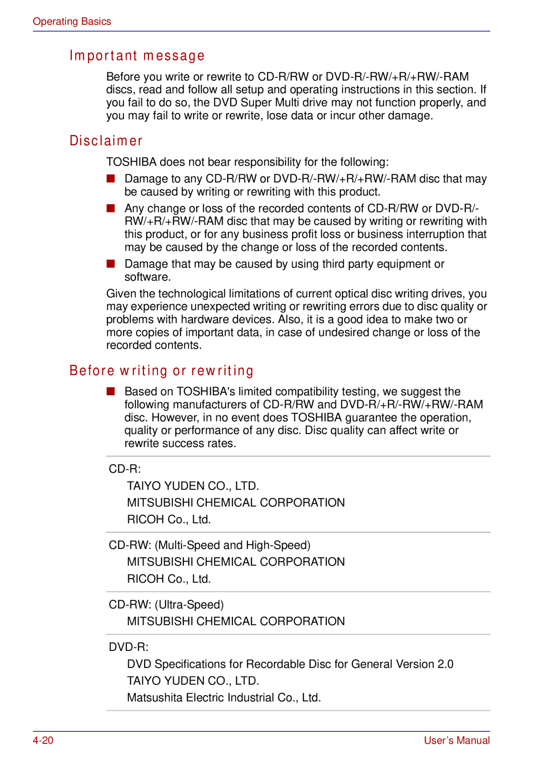 Toshiba tecra s3 manual Important message, Disclaimer, CD-RW Multi-Speed and High-Speed, CD-RW Ultra-Speed 