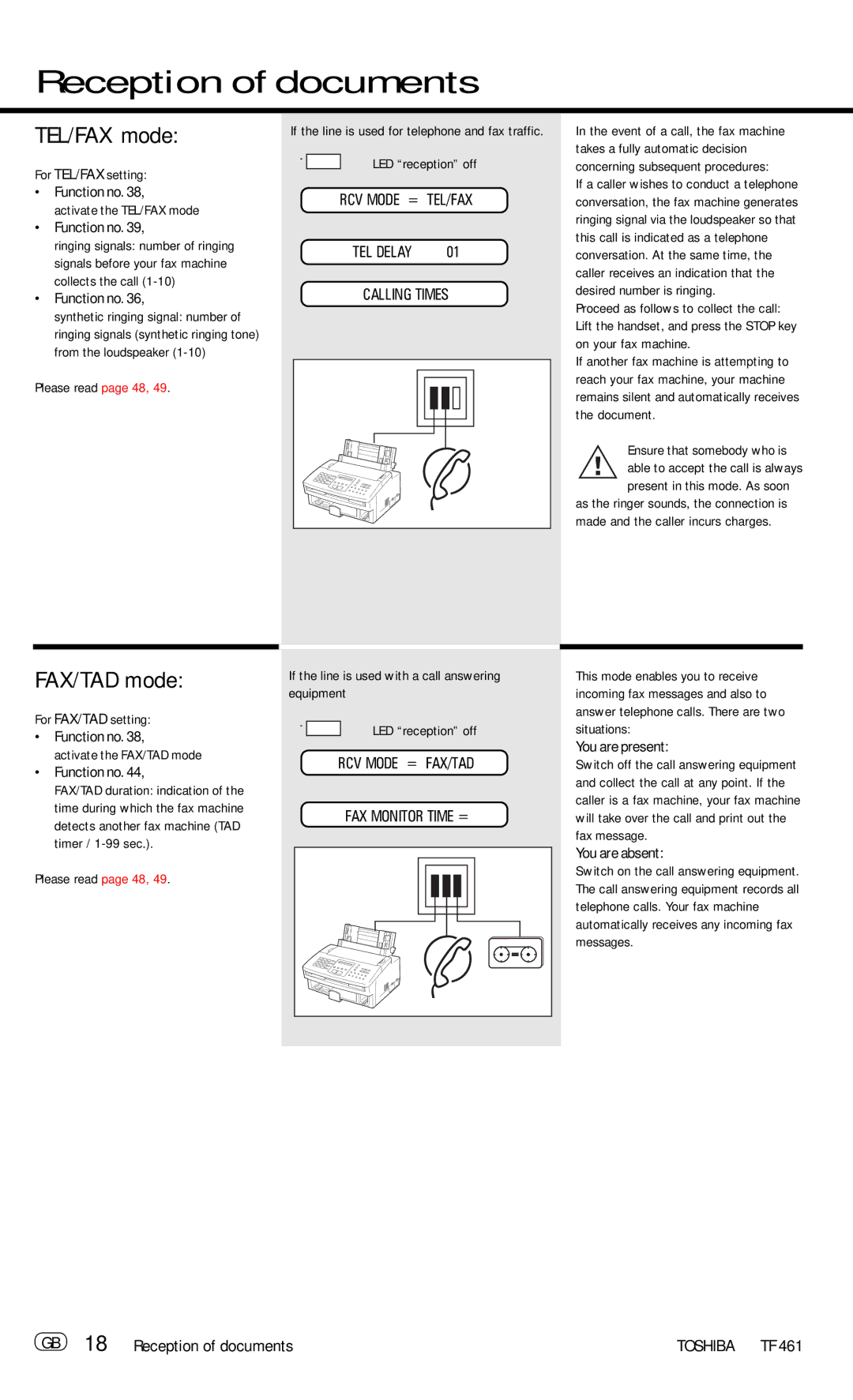 Toshiba TF 461 manual TEL/FAX mode, FAX/TAD mode, GB 18 Reception of documents 