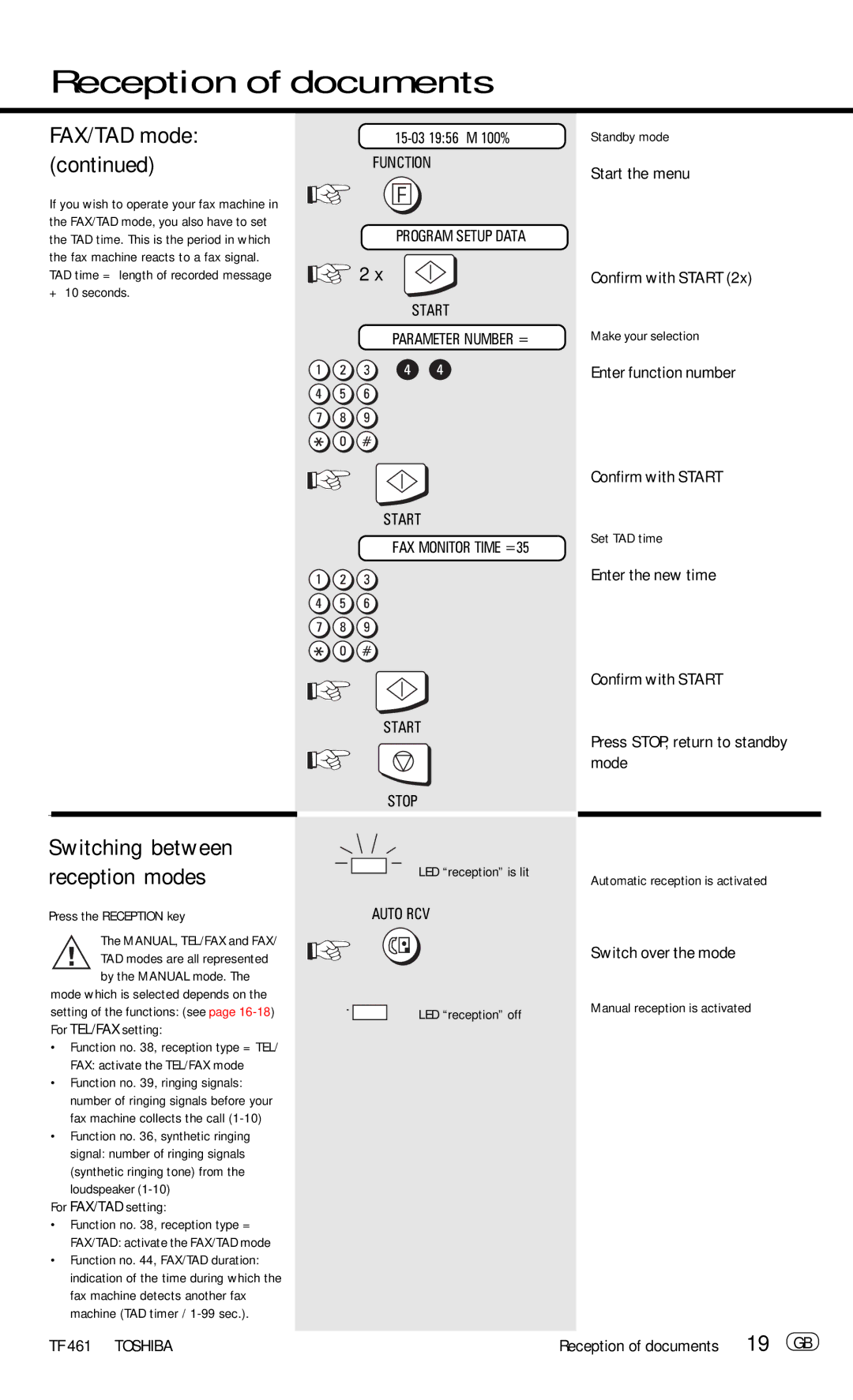 Toshiba TF 461 manual FAX/TAD mode, Switching between reception modes 