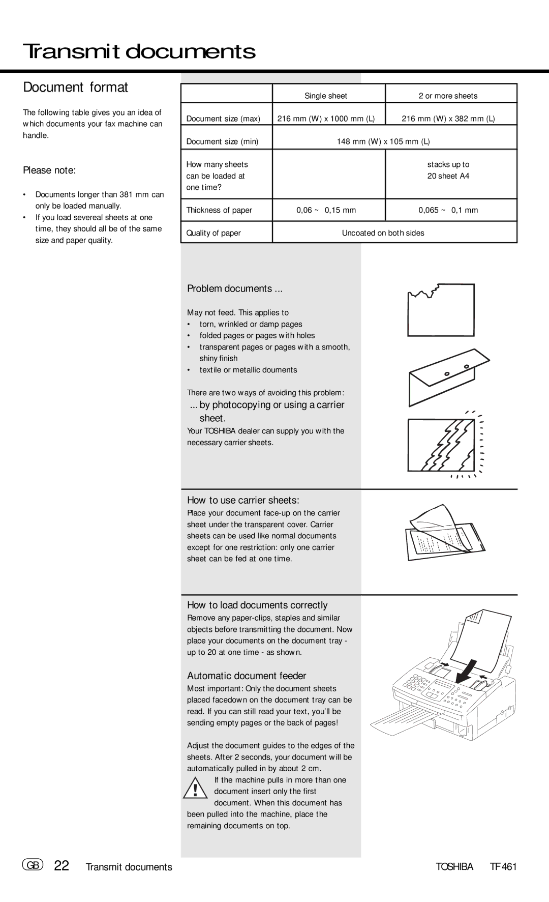 Toshiba TF 461 manual Transmit documents, Document format 