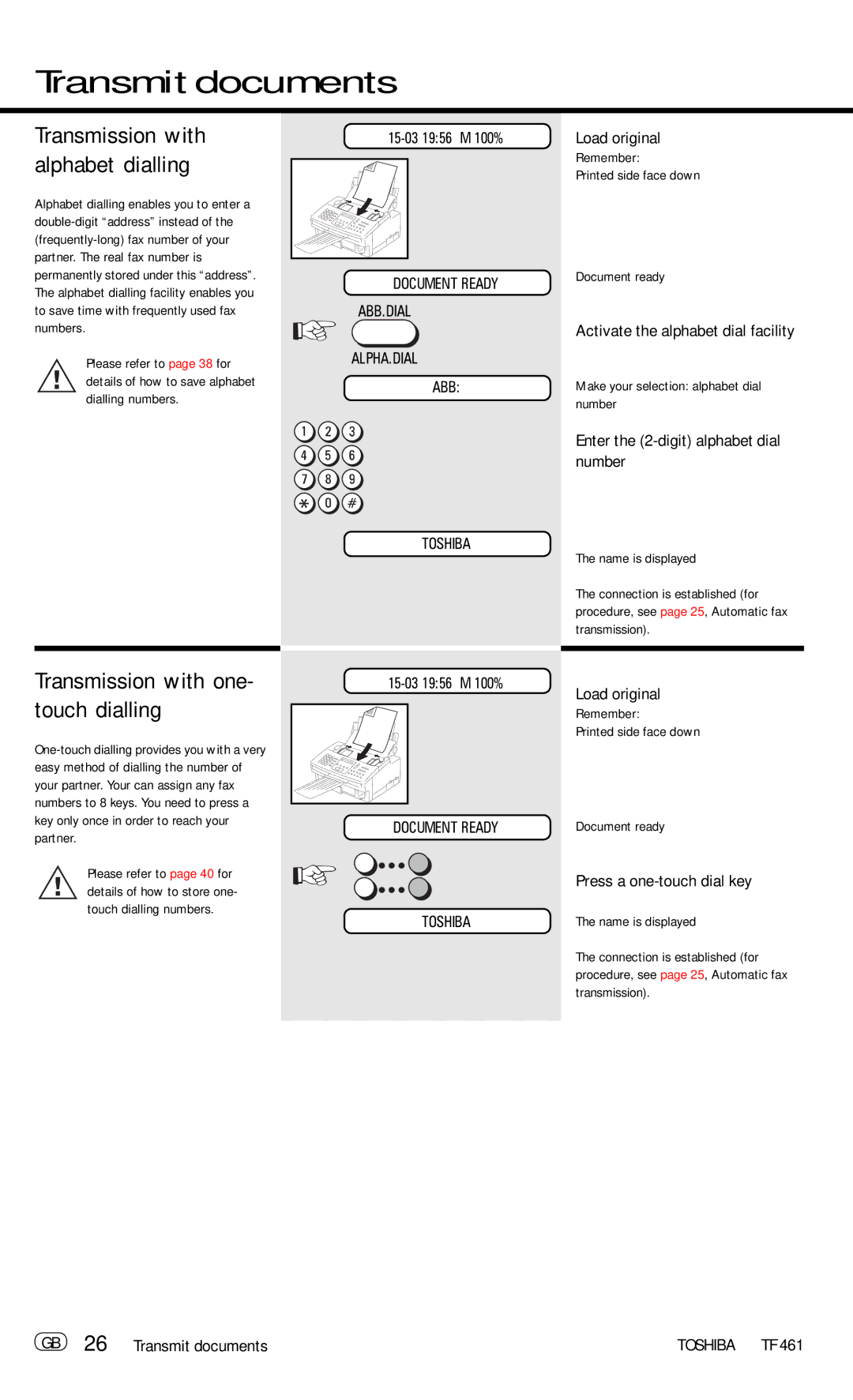 Toshiba TF 461 Transmission with one- touch dialling, Transmission with alphabet dialling, Press a one-touch dial key 