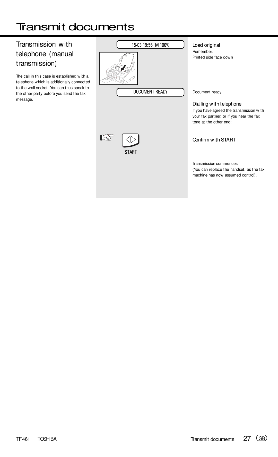 Toshiba TF 461 Transmission with telephone manual transmission, Dialling with telephone, Documents 27 GB 