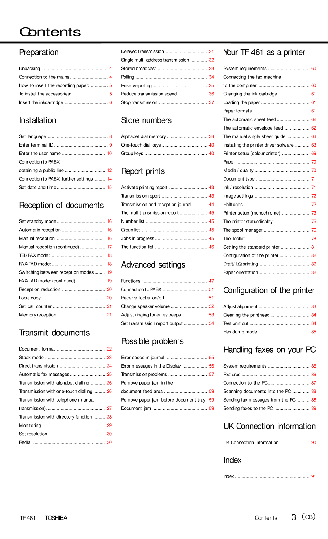 Toshiba TF 461 manual Contents 