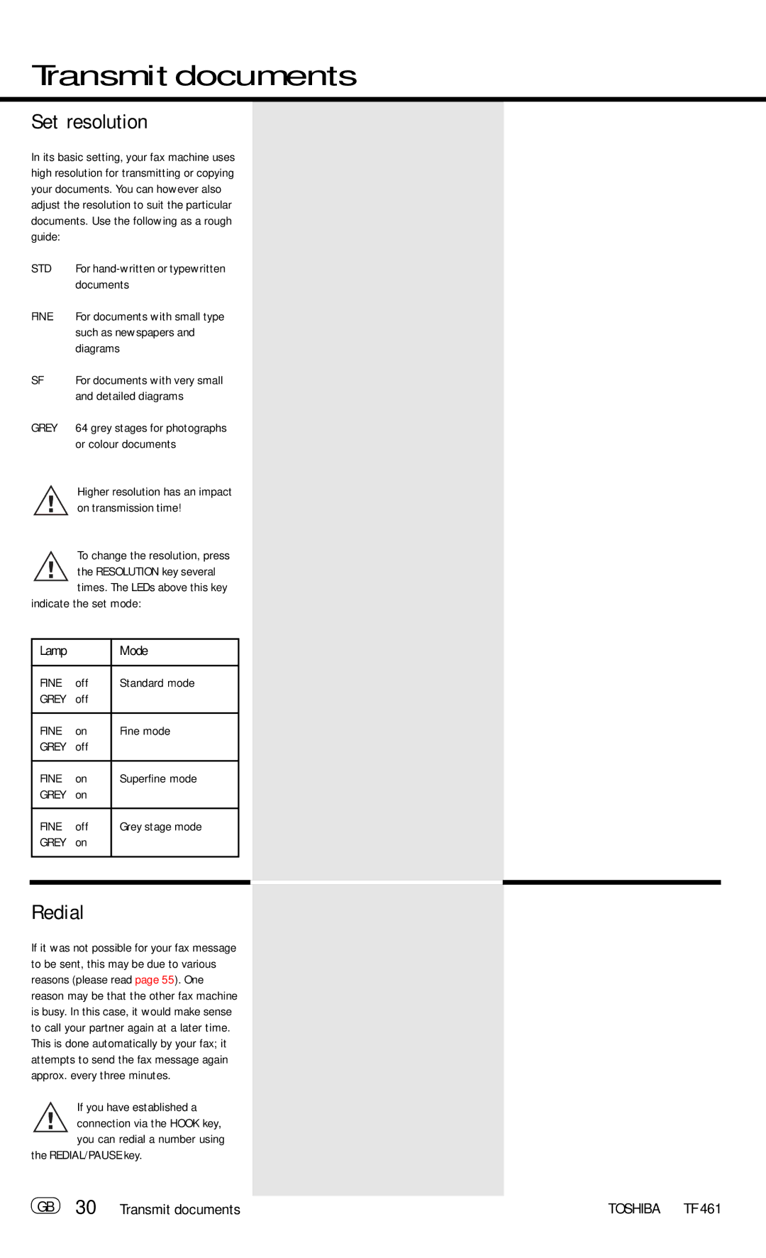 Toshiba TF 461 manual Set resolution, Redial, GB 30 Transmit documents 