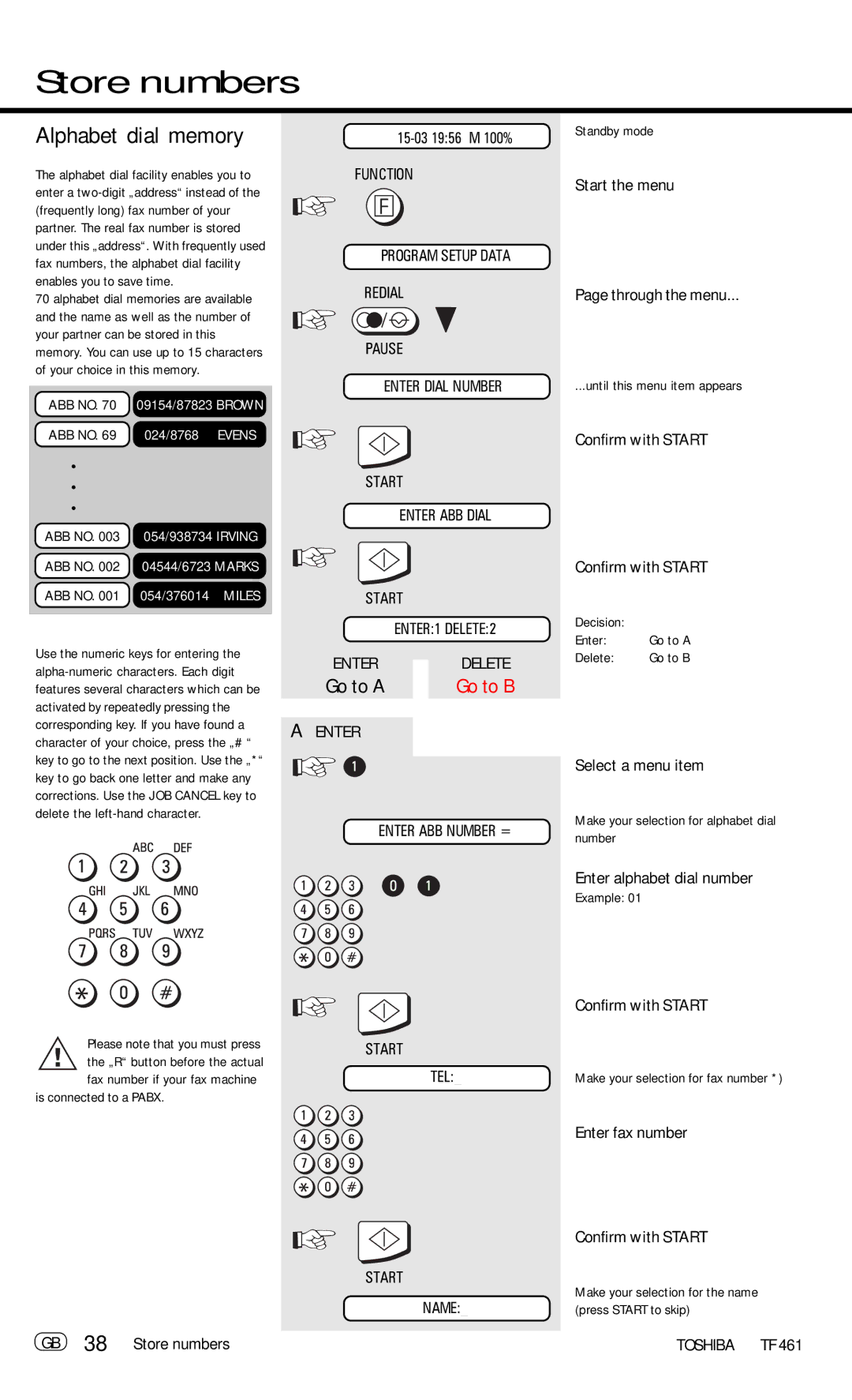 Toshiba TF 461 manual Store numbers, Alphabet dial memory 