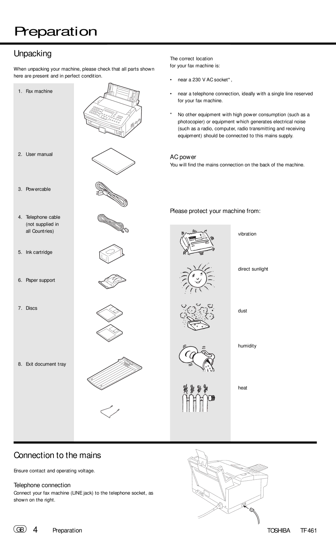 Toshiba TF 461 manual Preparation, Unpacking, Connection to the mains 