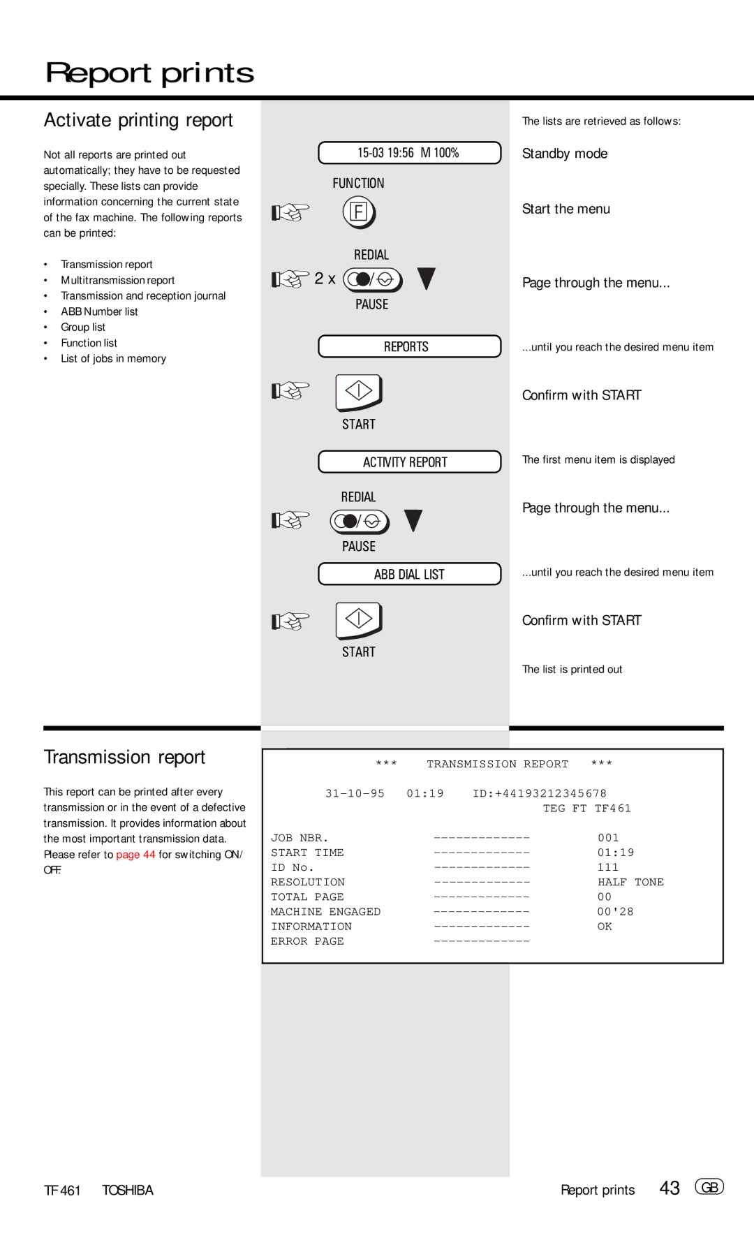 Toshiba TF 461 Report prints, Activate printing report, Transmission report, Standby mode Start the menu Through the menu 