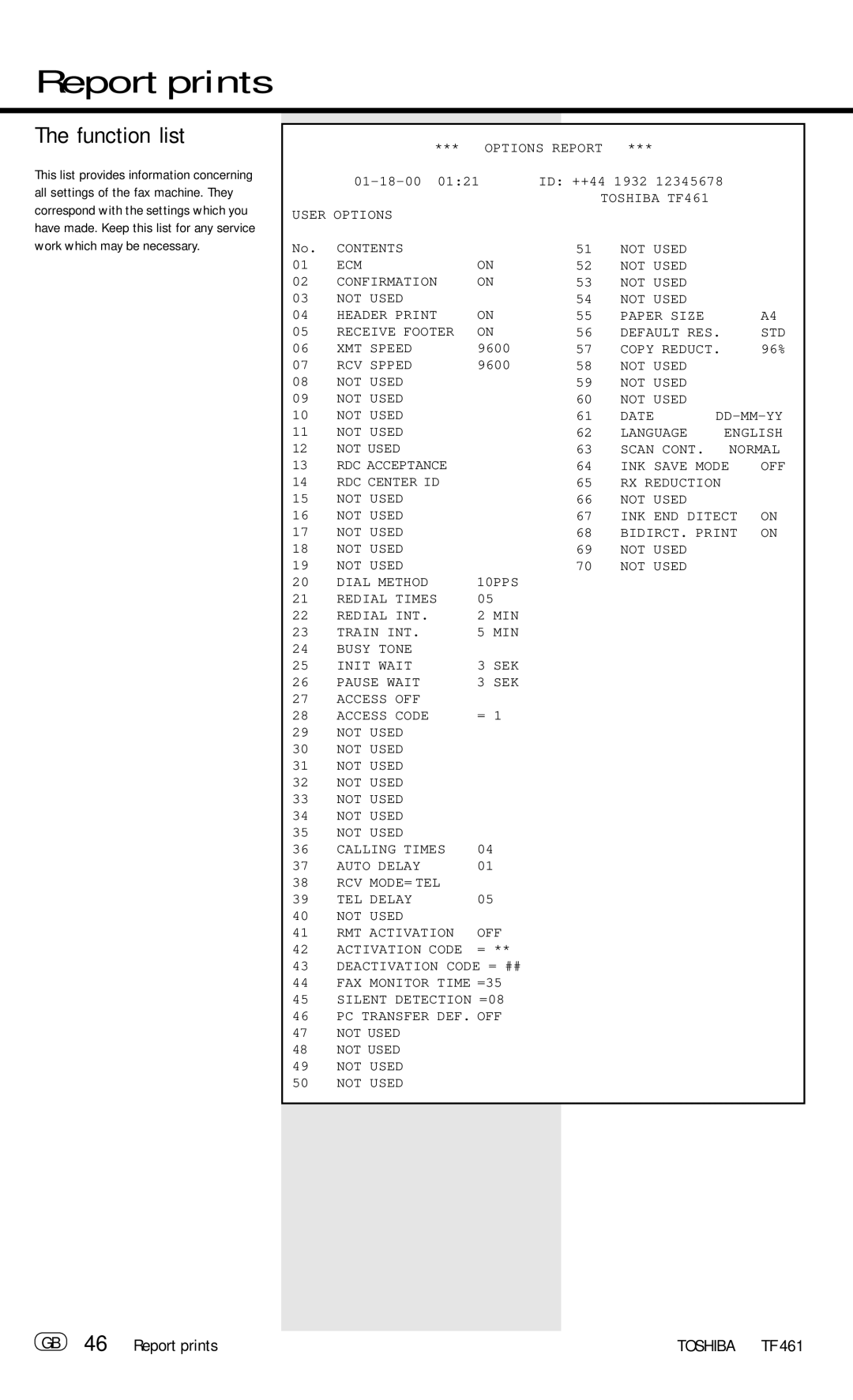 Toshiba TF 461 manual Function list, GB 46 Report prints 