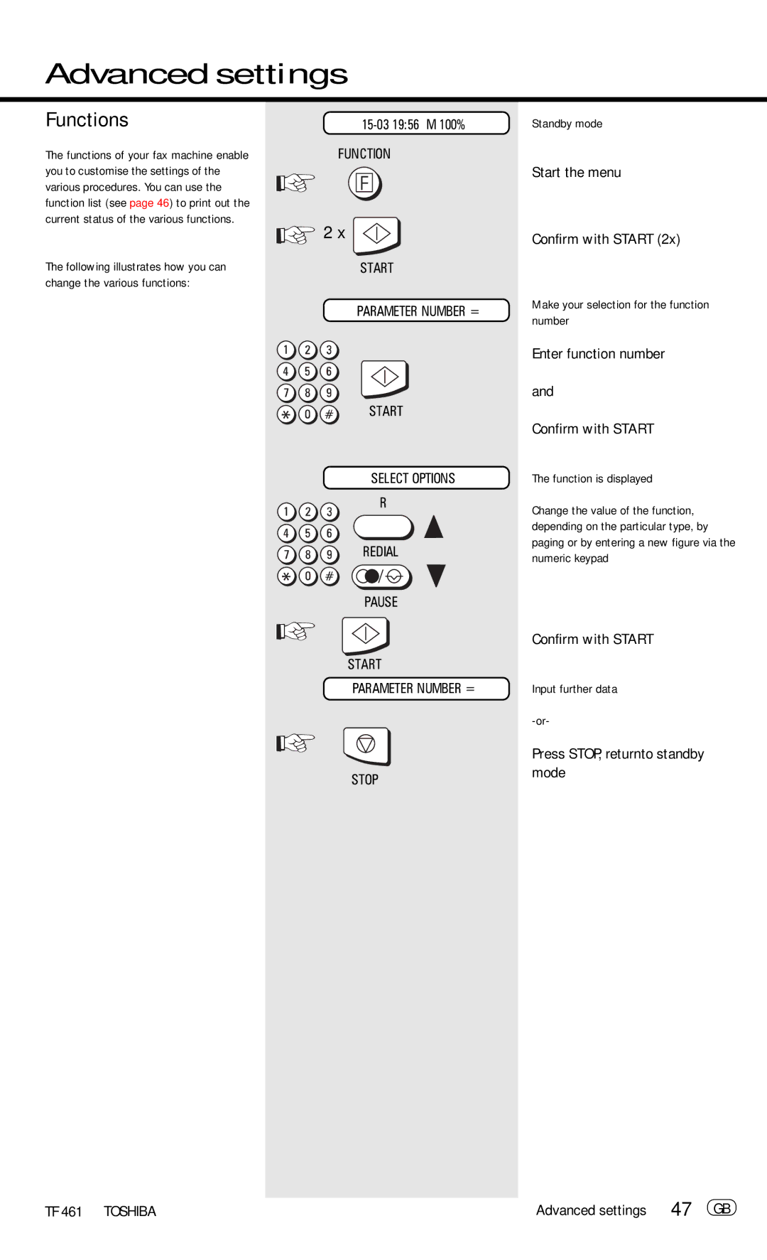 Toshiba TF 461 manual Functions, Press STOP, returnto standby mode, Advanced settings 47 GB 