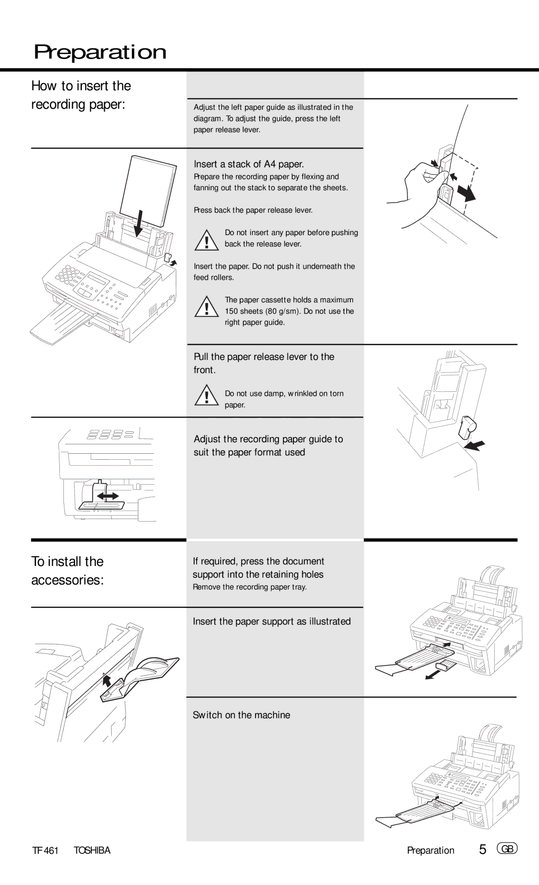 Toshiba TF 461 manual How to insert the recording paper, To install the accessories, Insert a stack of A4 paper 