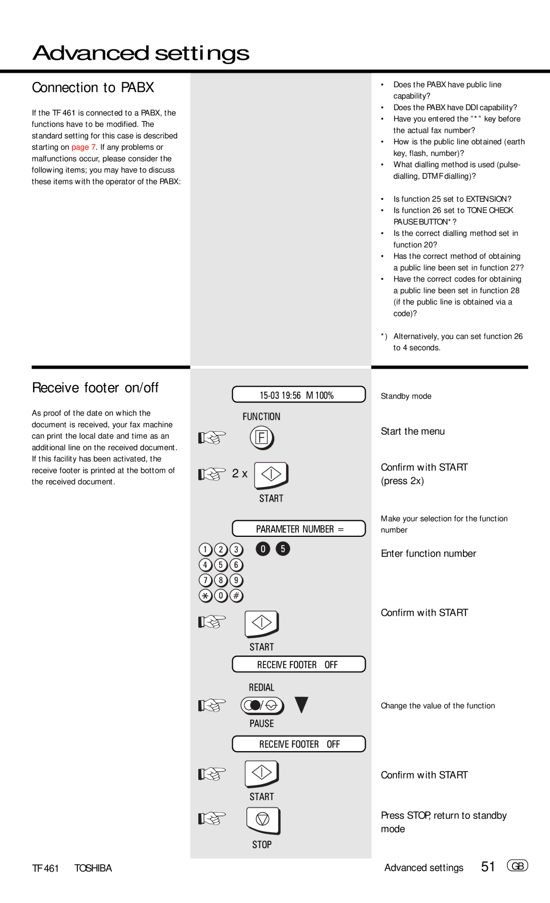 Toshiba TF 461 manual Connection to Pabx, Receive footer on/off, Advanced settings 51 GB, Start Receive Footer OFF Redial 