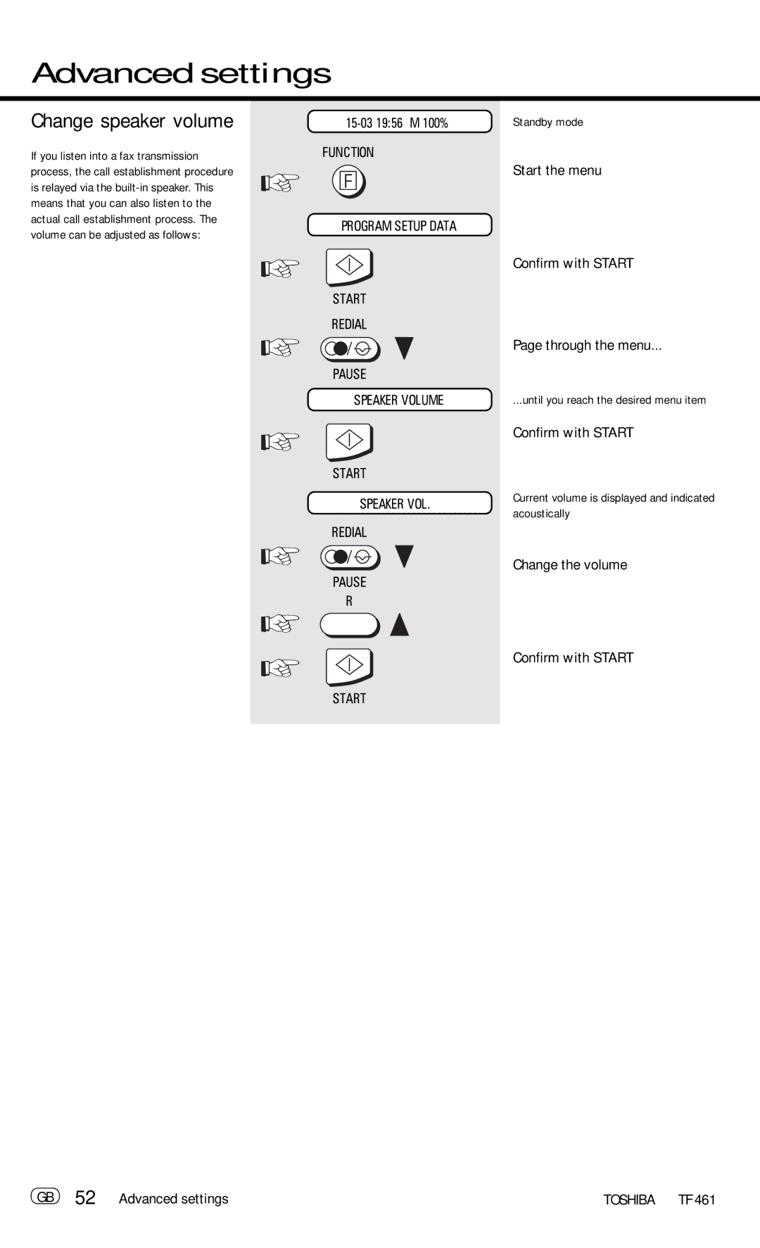 Toshiba TF 461 manual Change speaker volume, Change the volume Confirm with Start, GB 52 Advanced settings 