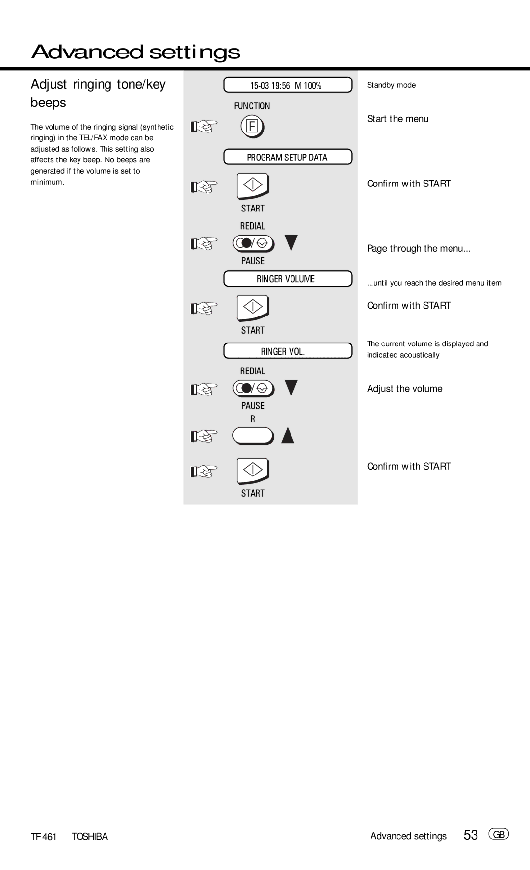 Toshiba TF 461 manual Adjust ringing tone/key beeps, Adjust the volume Confirm with Start, Advanced settings 53 GB 