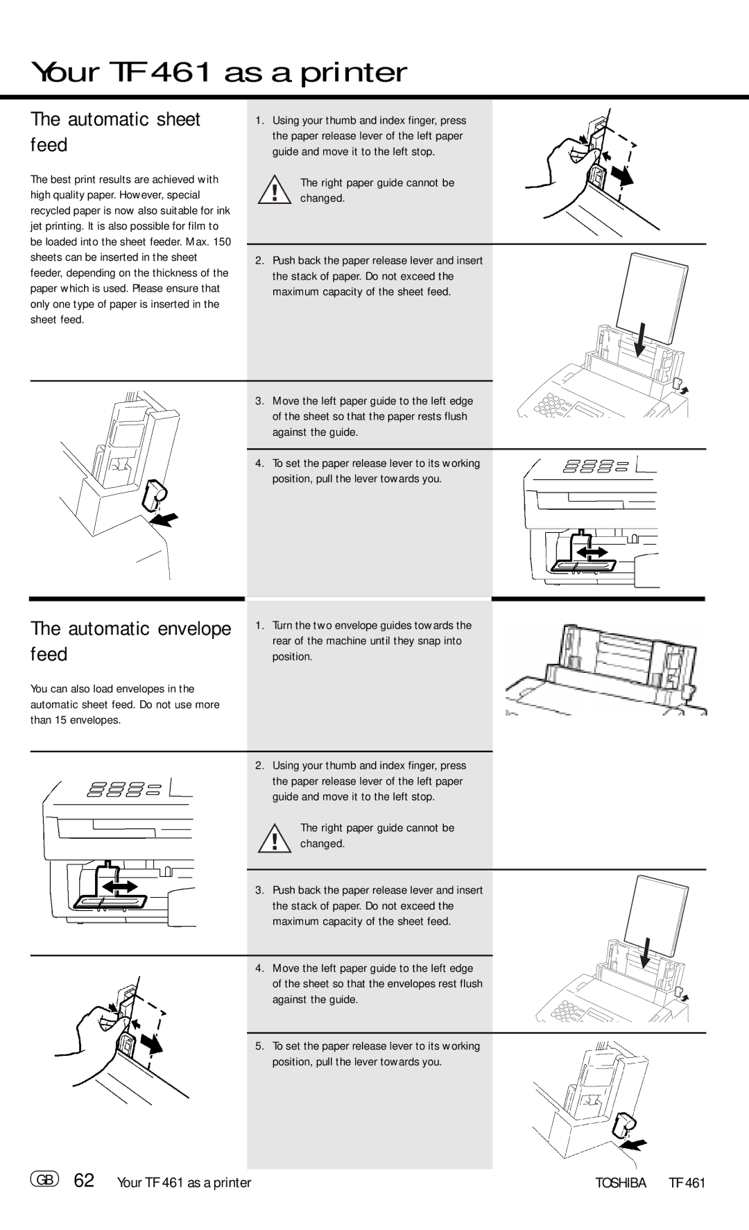 Toshiba manual Automatic sheet, Feed, Automatic envelope, GB 62 Your TF 461 as a printer 