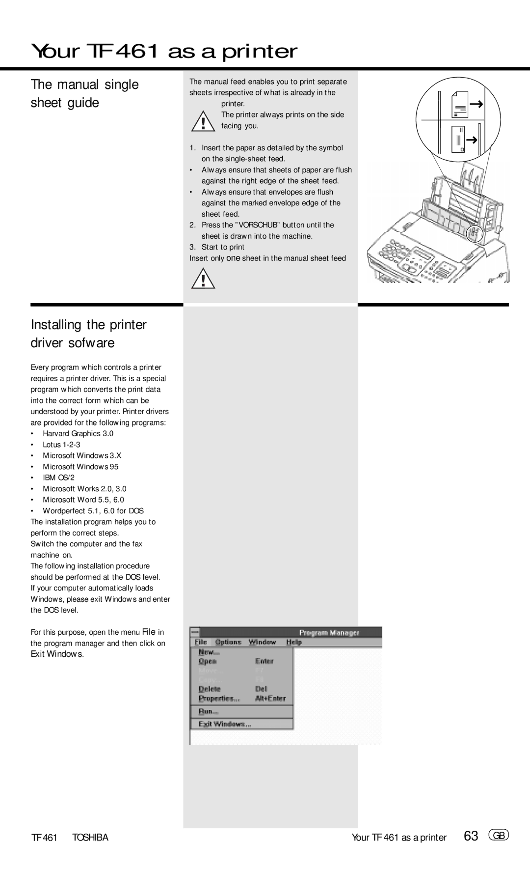 Toshiba TF 461 manual Manual single sheet guide, Installing the printer driver sofware, Sheet feed 