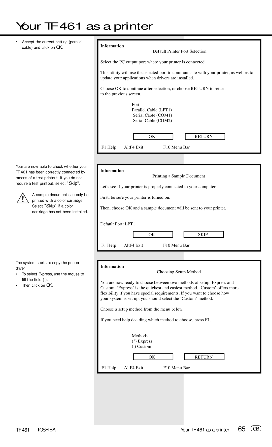 Toshiba manual Your TF 461 as a printer 65 GB 