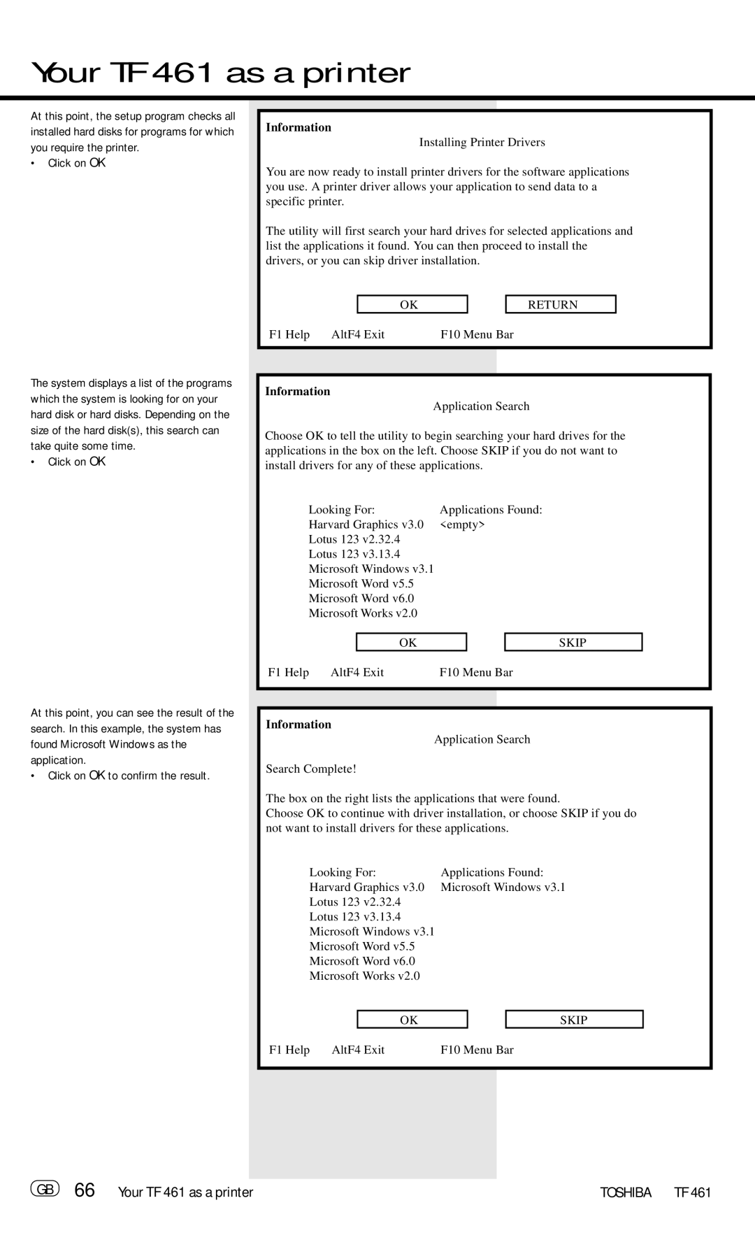 Toshiba manual GB 66 Your TF 461 as a printer, Click on OK 