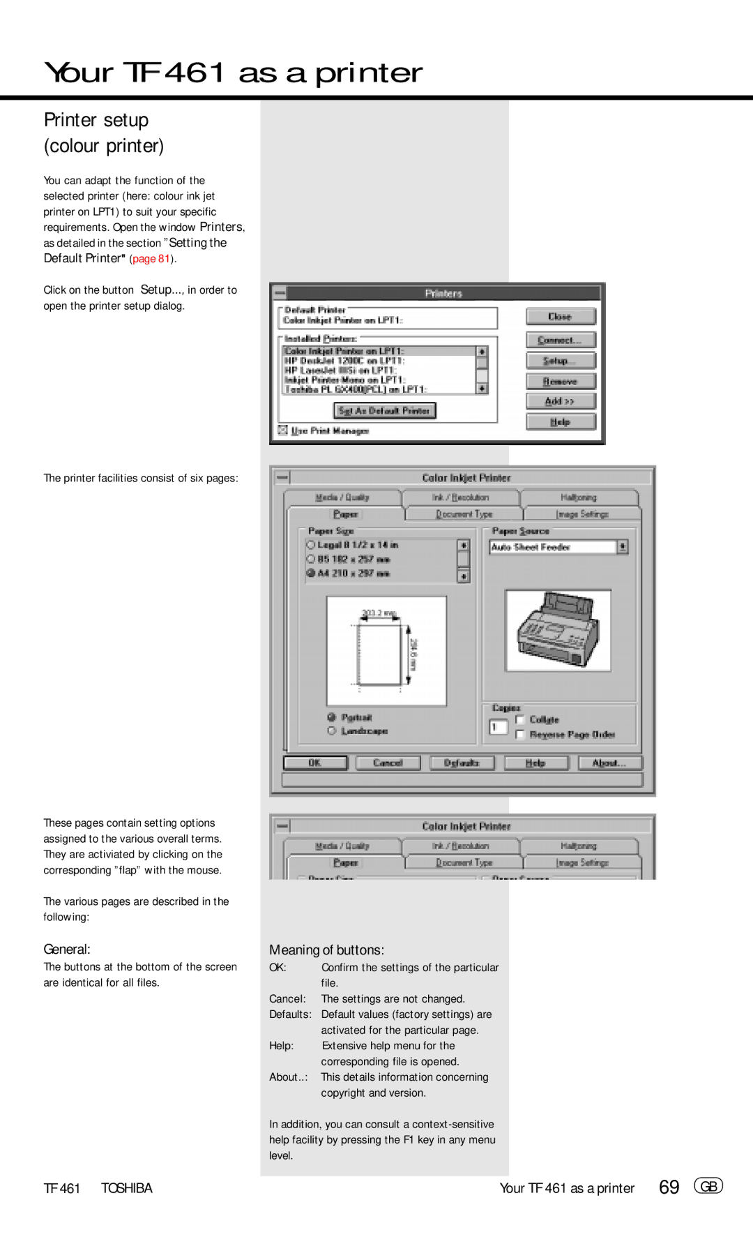 Toshiba TF 461 manual Printer setup colour printer, General Meaning of buttons 