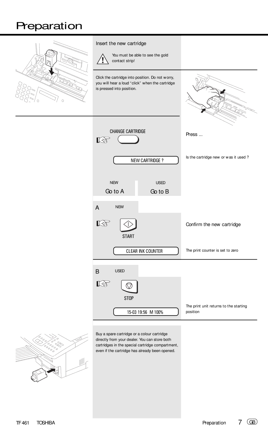 Toshiba TF 461 manual Insert the new cartridge, Go to a Go to B, Confirm the new cartridge 