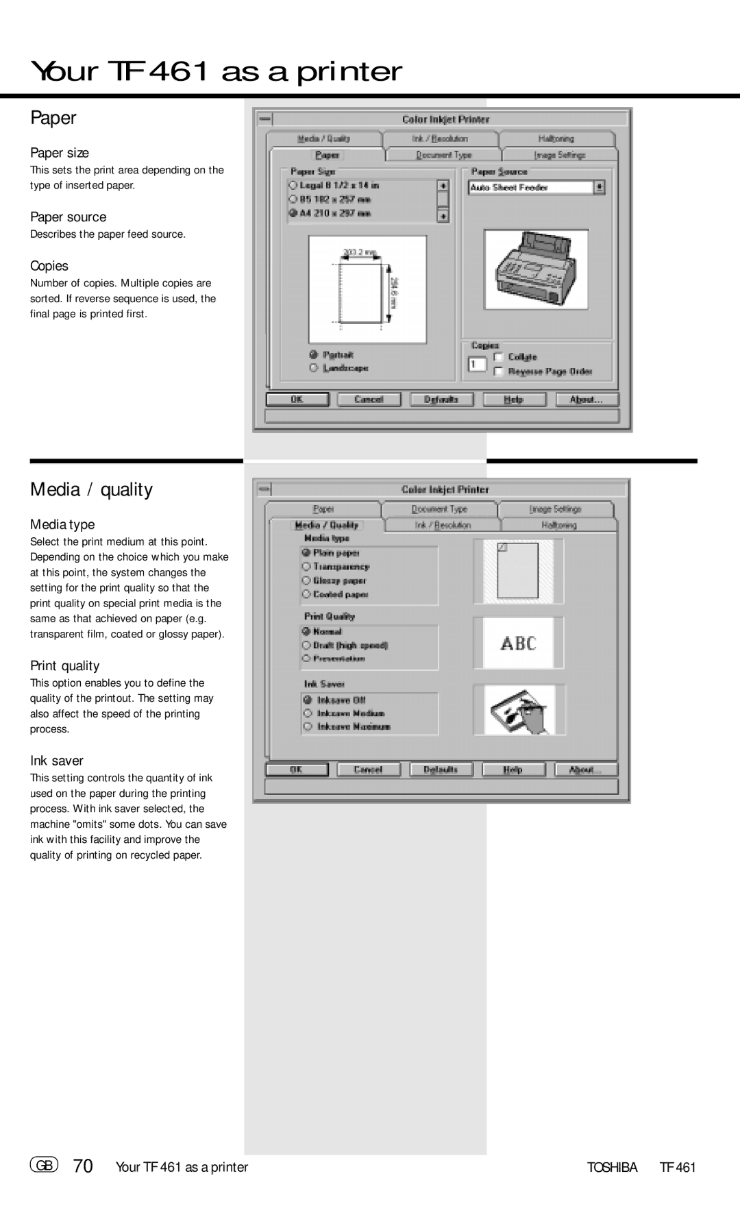 Toshiba TF 461 manual Paper, Media / quality 