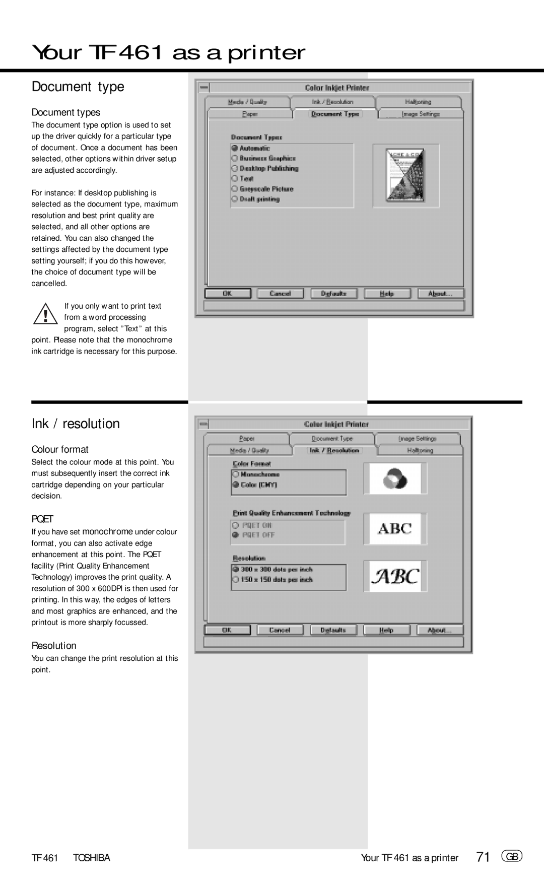 Toshiba TF 461 manual Ink / resolution, Document types, Colour format, Resolution 