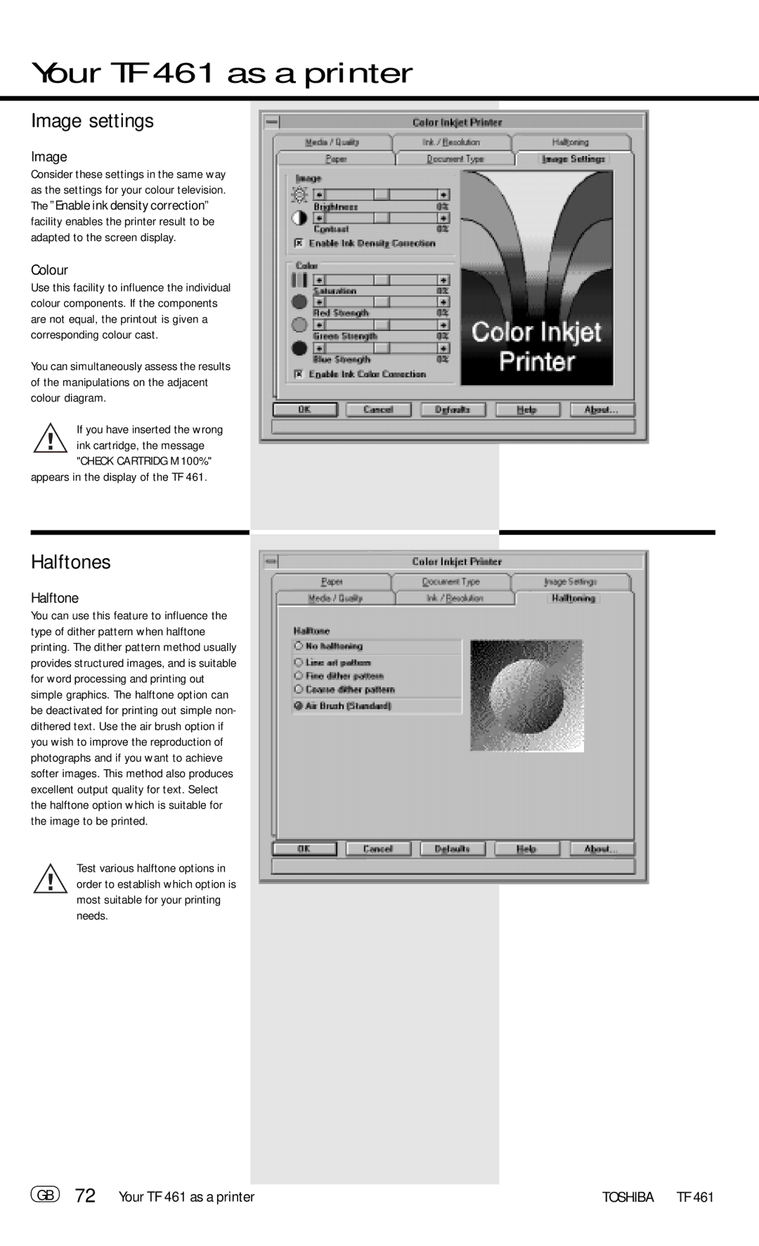 Toshiba TF 461 manual Image settings, Halftones 