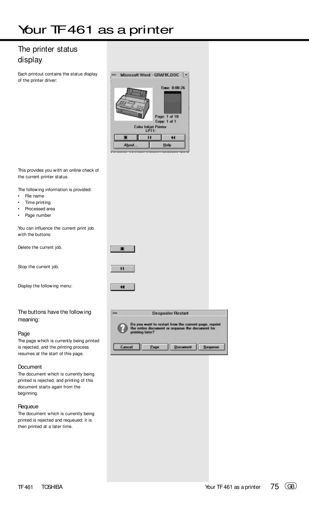 Toshiba TF 461 manual Printer status display, Buttons have the following meaning, Document, Requeue 