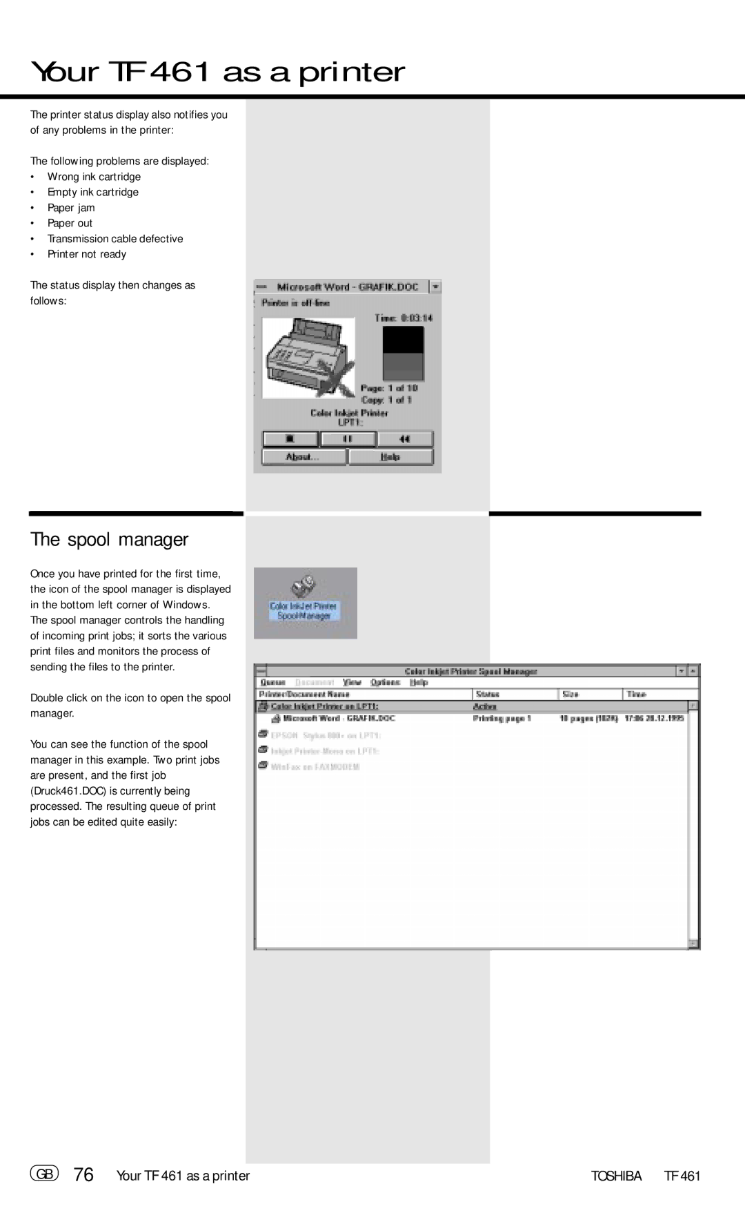 Toshiba manual Spool manager, GB 76 Your TF 461 as a printer, Double click on the icon to open the spool manager 