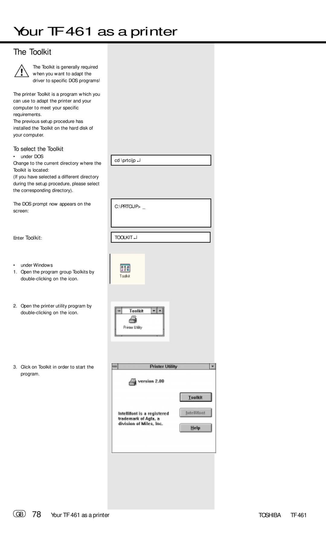 Toshiba manual To select the Toolkit, GB 78 Your TF 461 as a printer, PRTCIJP Toolkit 