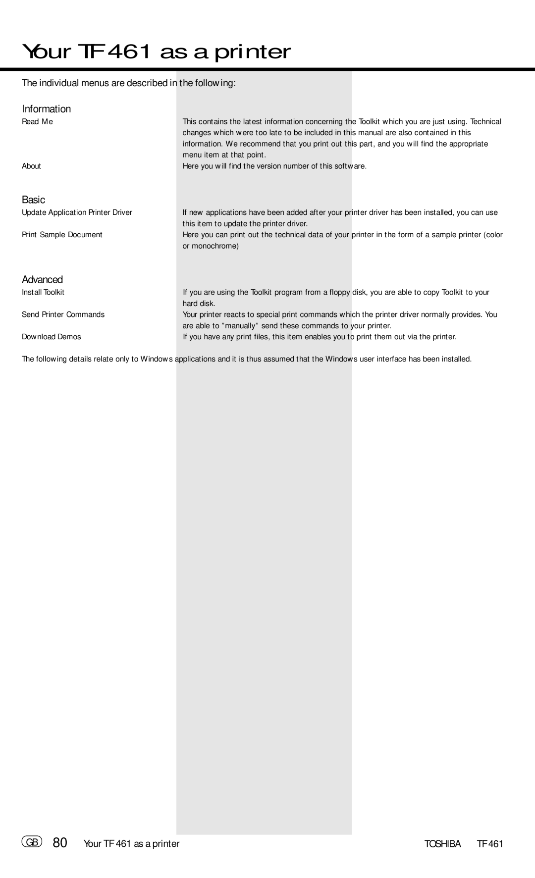 Toshiba manual Individual menus are described in the following, GB 80 Your TF 461 as a printer 