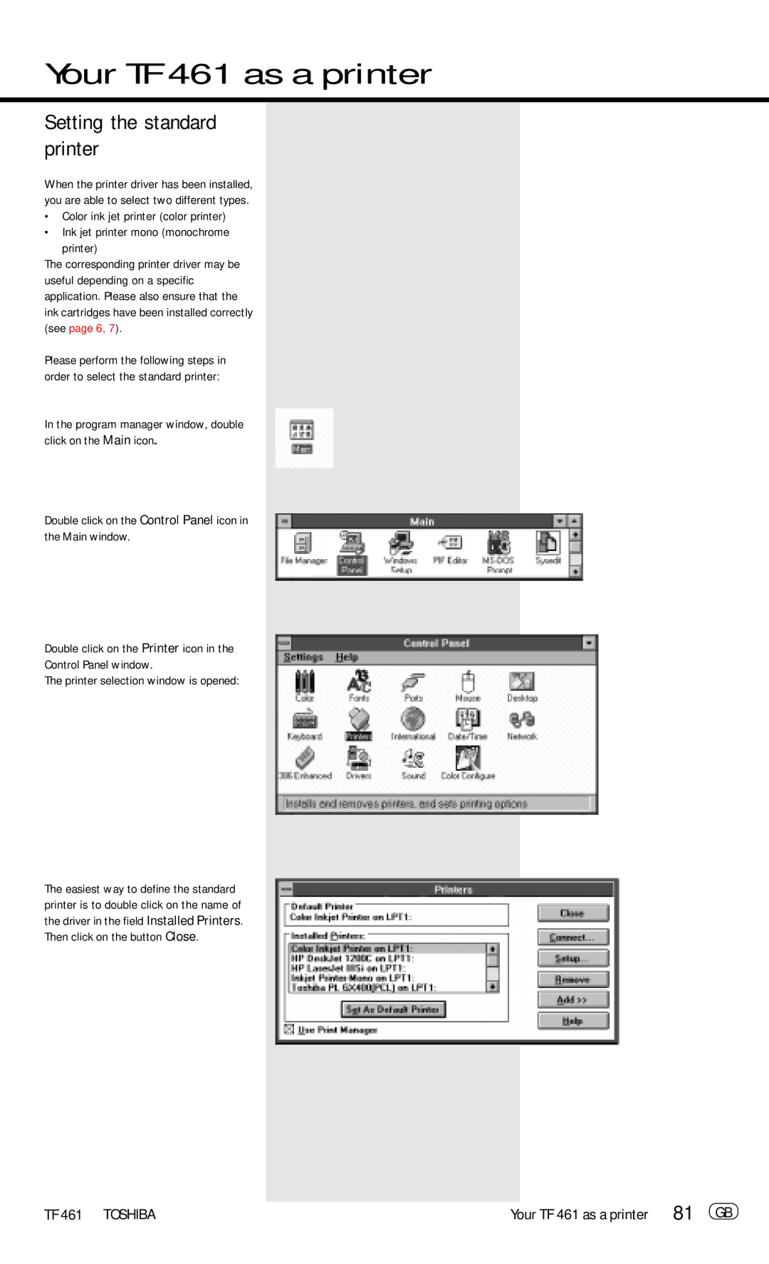 Toshiba TF 461 manual Setting the standard printer 