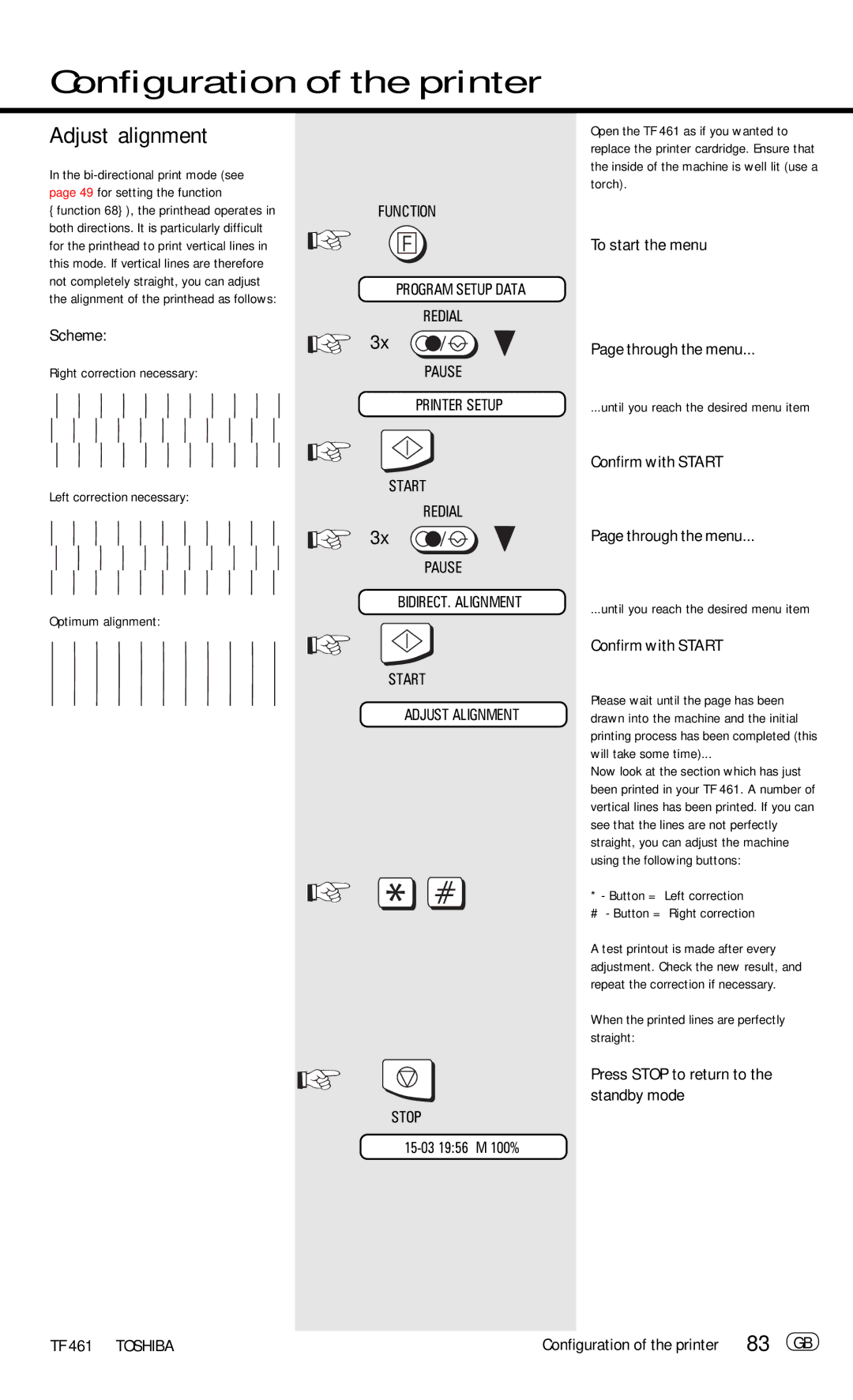 Toshiba TF 461 manual Adjust alignment, 83 GB, Scheme, Press Stop to return to the standby mode 