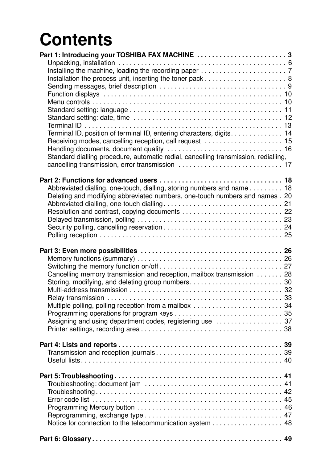 Toshiba TF 531 / 551 instruction manual Contents 