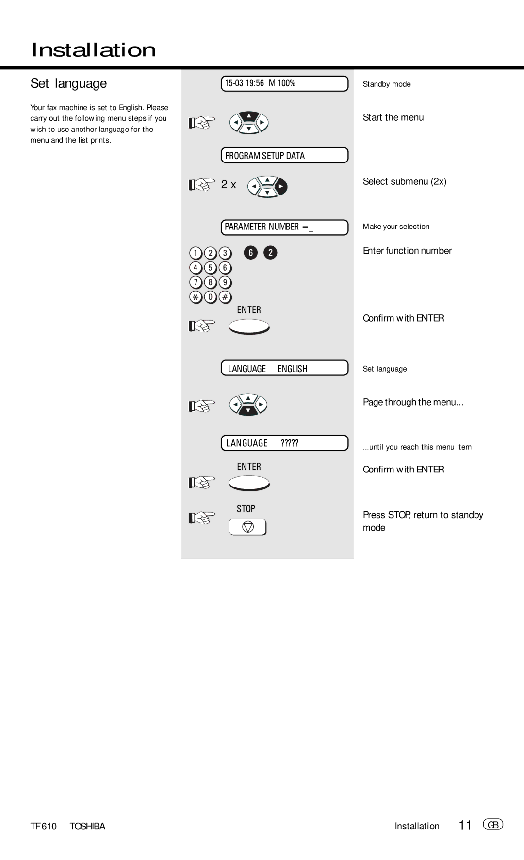 Toshiba TF 610 manual Set language, 11 GB 