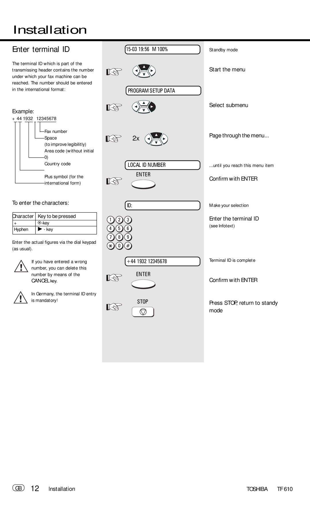 Toshiba TF 610 manual Enter terminal ID, Example, To enter the characters, Start the menu Select submenu Through the menu 