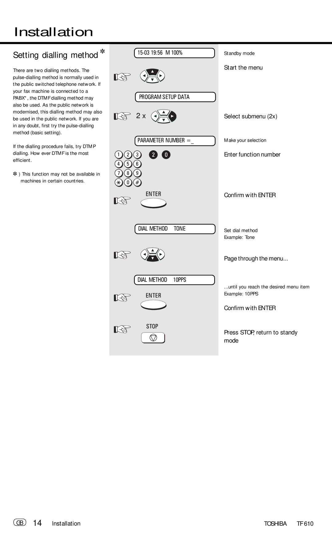 Toshiba TF 610 Setting dialling method, Set dial method Example Tone, Until you reach the desired menu item Example 10PPS 